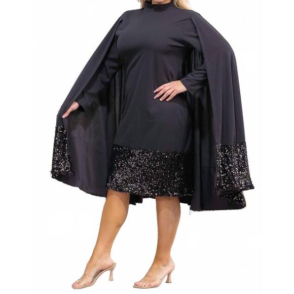 NEW KAREN KANE high neck midi dress with cape in black - Picture 2 of 3